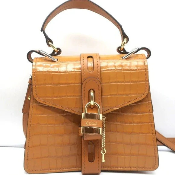Chloe Small Aby Day Bag Autumnal Brown Croc-Embossed Leather Crossbody Tote NEW - Picture 3 of 12
